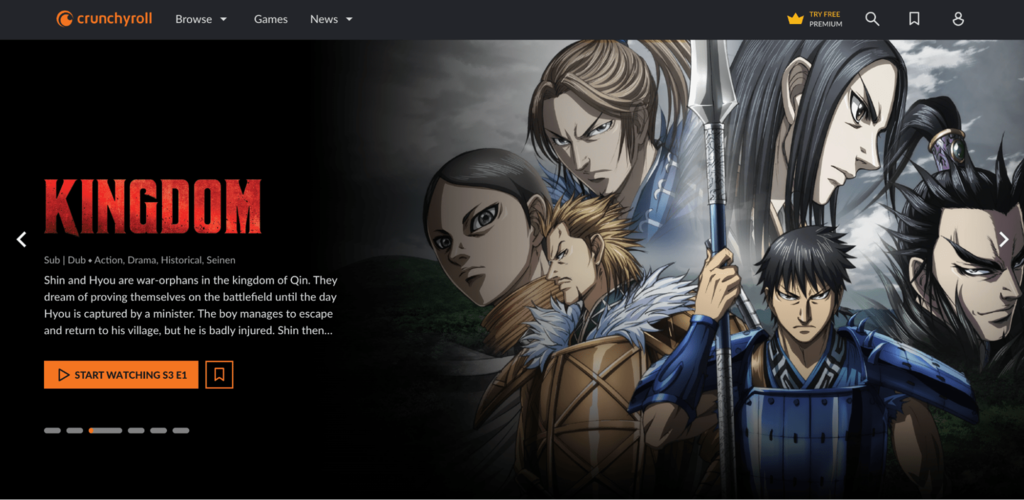Example of a tiered access model membership site: the landing page of Crunchyroll, a streaming service