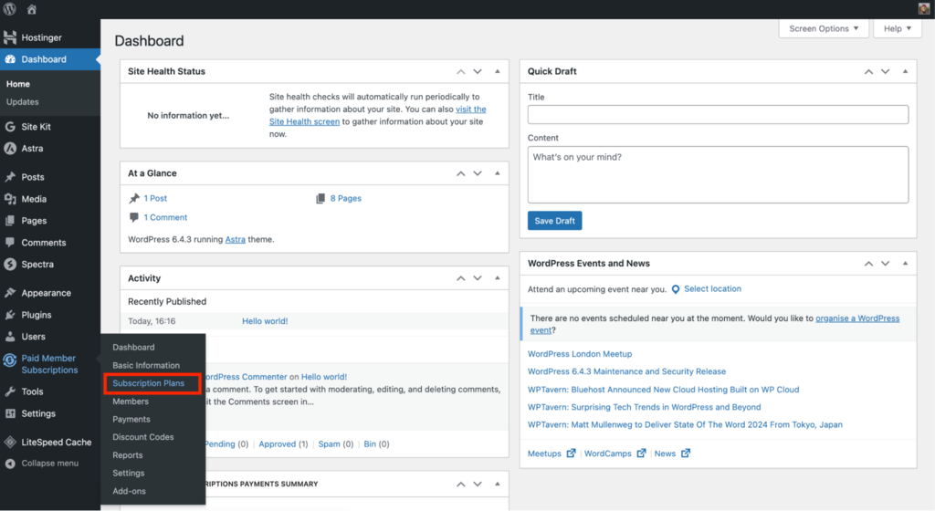 WordPress dashboard with Paid Member Subscriptions plugin's subscription plans option highlighted