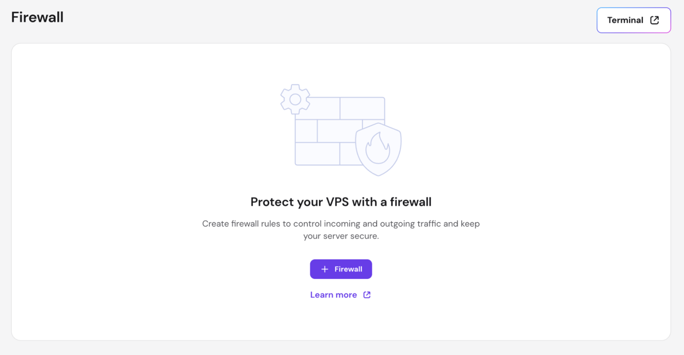 hpanel-vps-settings-firewall Hostinger VPS Firewall. Create rules through a visual interface without touching the command line.
