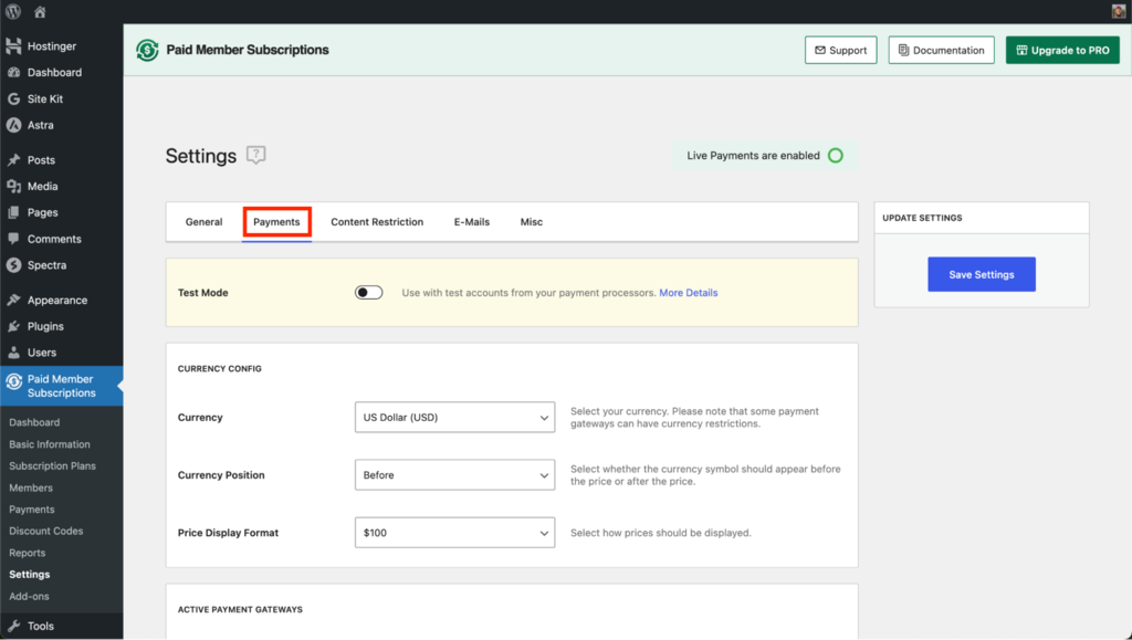 Paid Member Subscriptions payments settings tab highlighted
