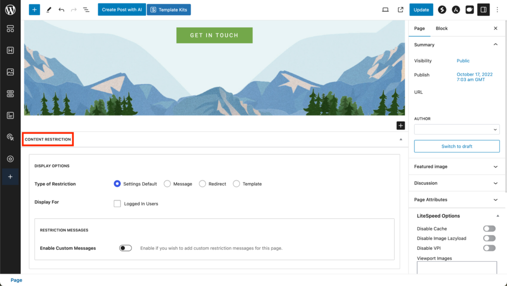 Content restriction section highlighted in the page editor
