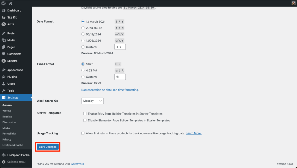 WordPress settings page with save changes button highlighted