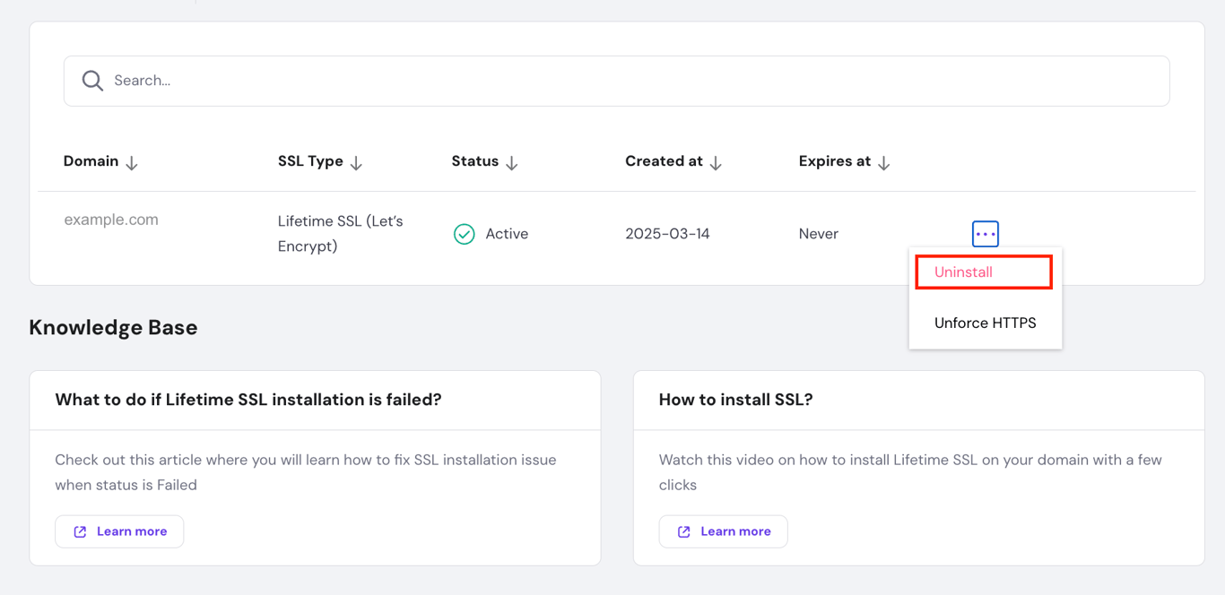 The Uninstall SSL certificate button on hPanel