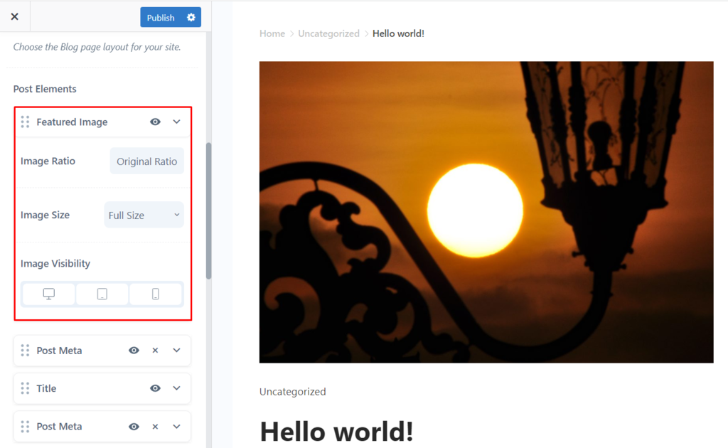 Featured image settings section in the WordPress Customizer