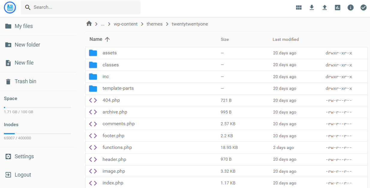File manager interface showing the theme folder content