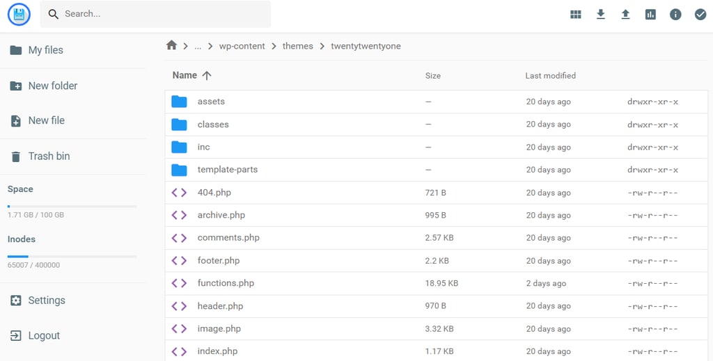 File manager interface showing the theme folder content