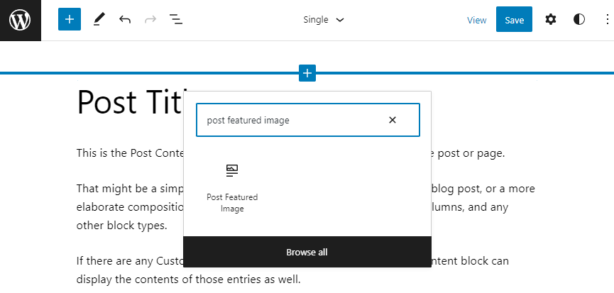 WordPress Site Editor, showing the block inserter to the add post featured image block
