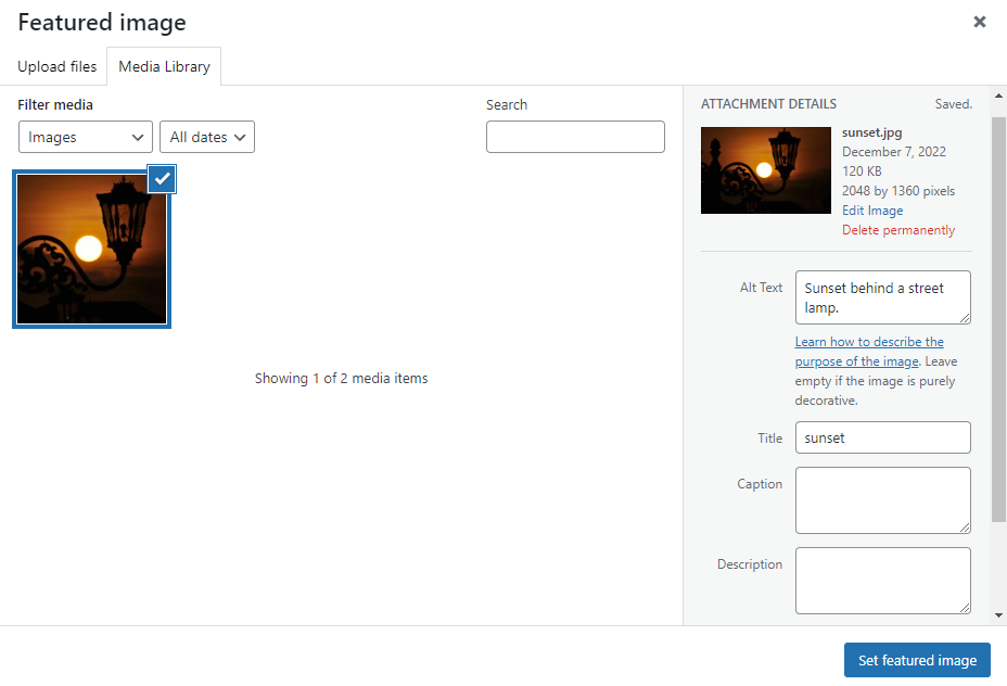 WordPress media library pop-up, showing the selected featured image and the attachment details panel