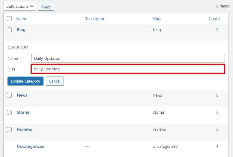 WordPress quick edit for categories slug
