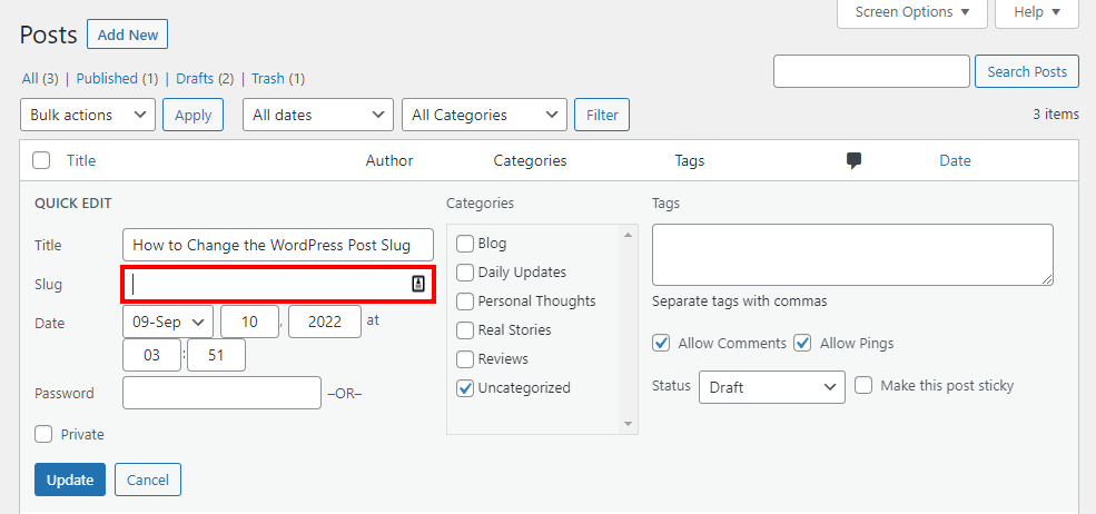 WordPress quick edit for slugs
