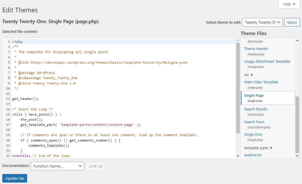 WordPress theme file editor with the single page template selected for editing