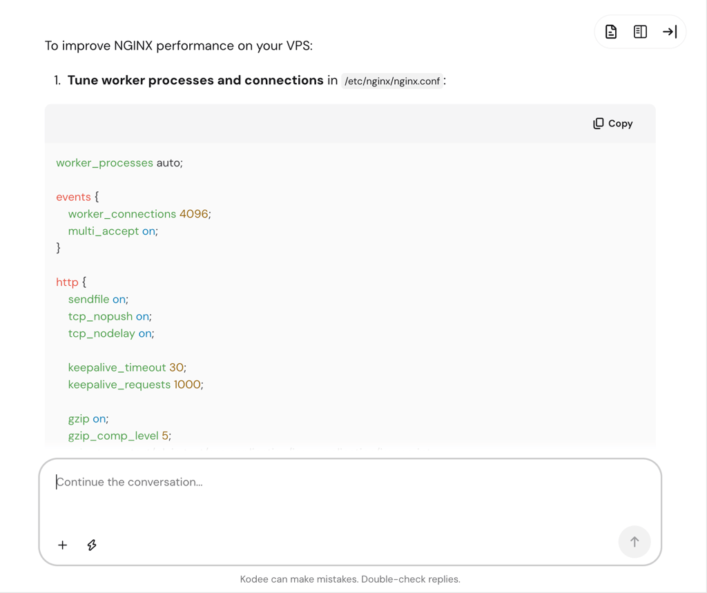 Hostinger Agent responding a question about improving NGINX performance