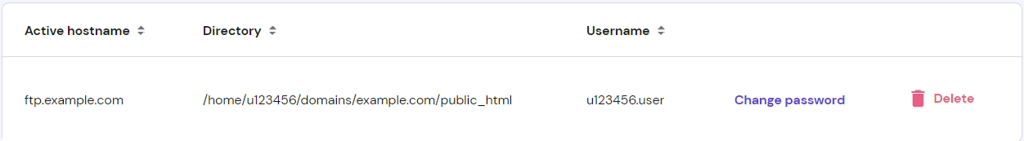 The FTP accounts list on hPanel