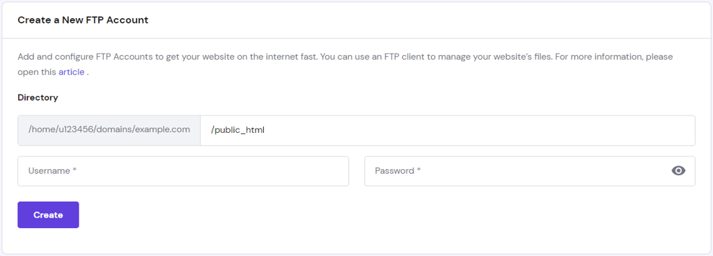 Creating a new FTP account via hPanel