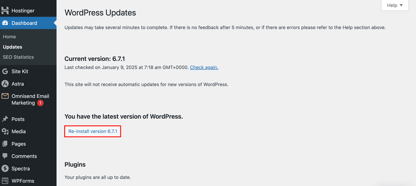 The WordPress updates page on the dashboard, showing where to click Re-install version button