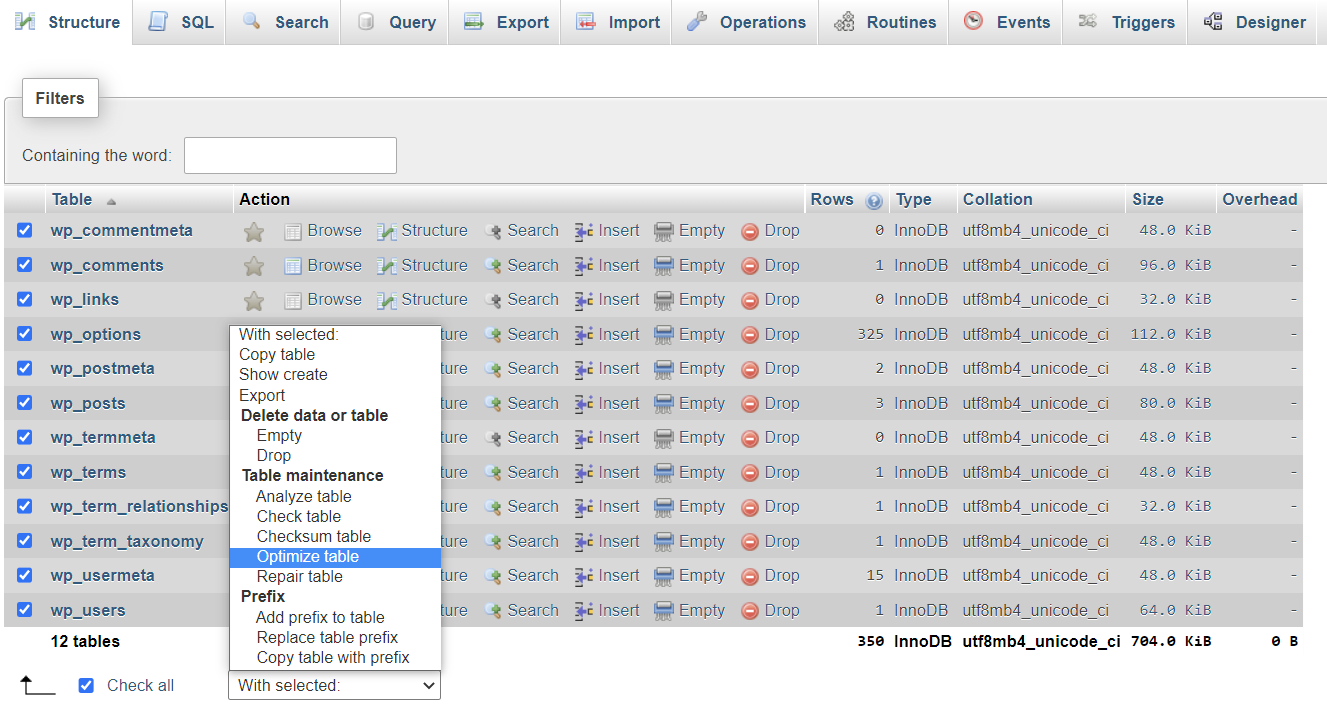 Optimizing database tables in phpMyAdmin.
