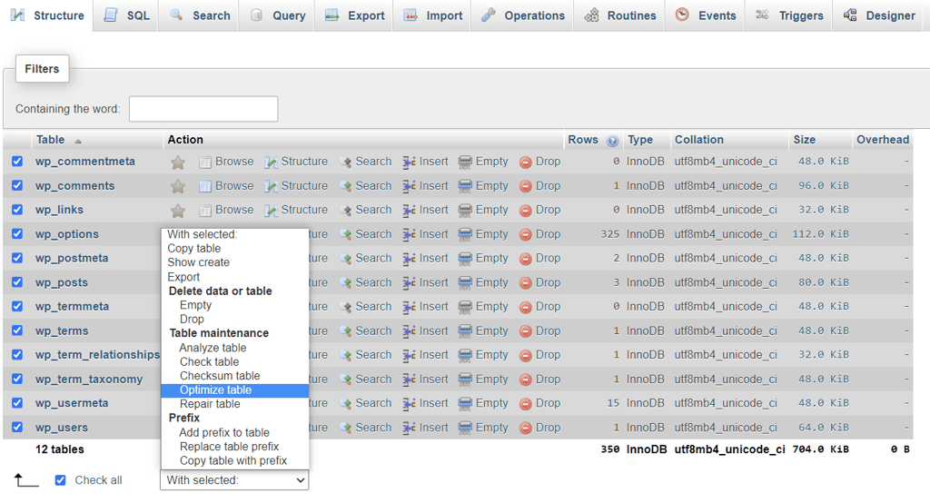 Optimizing database tables in phpMyAdmin.