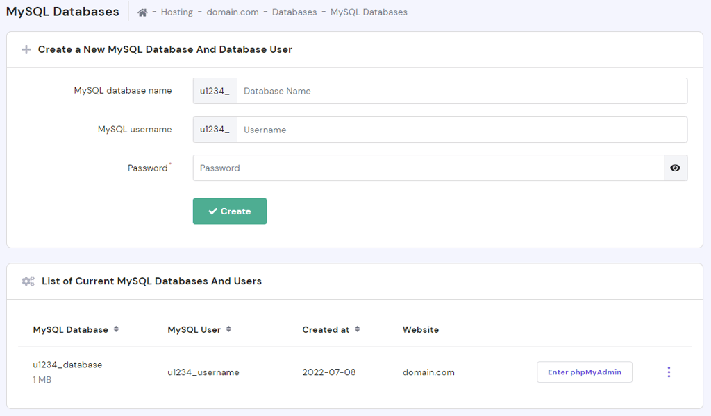 The list of current databases and users in hPanel