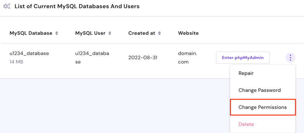 User permissions of the WordPress database in hPanel
