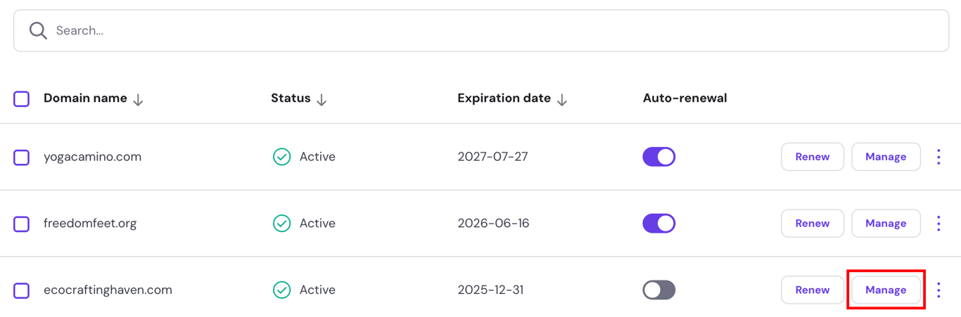 Domain portfolio panel within hPanel