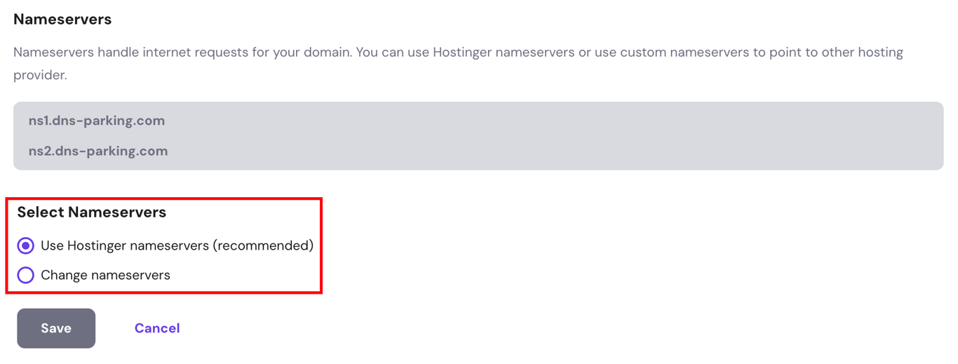 Nameservers section within hPanel
