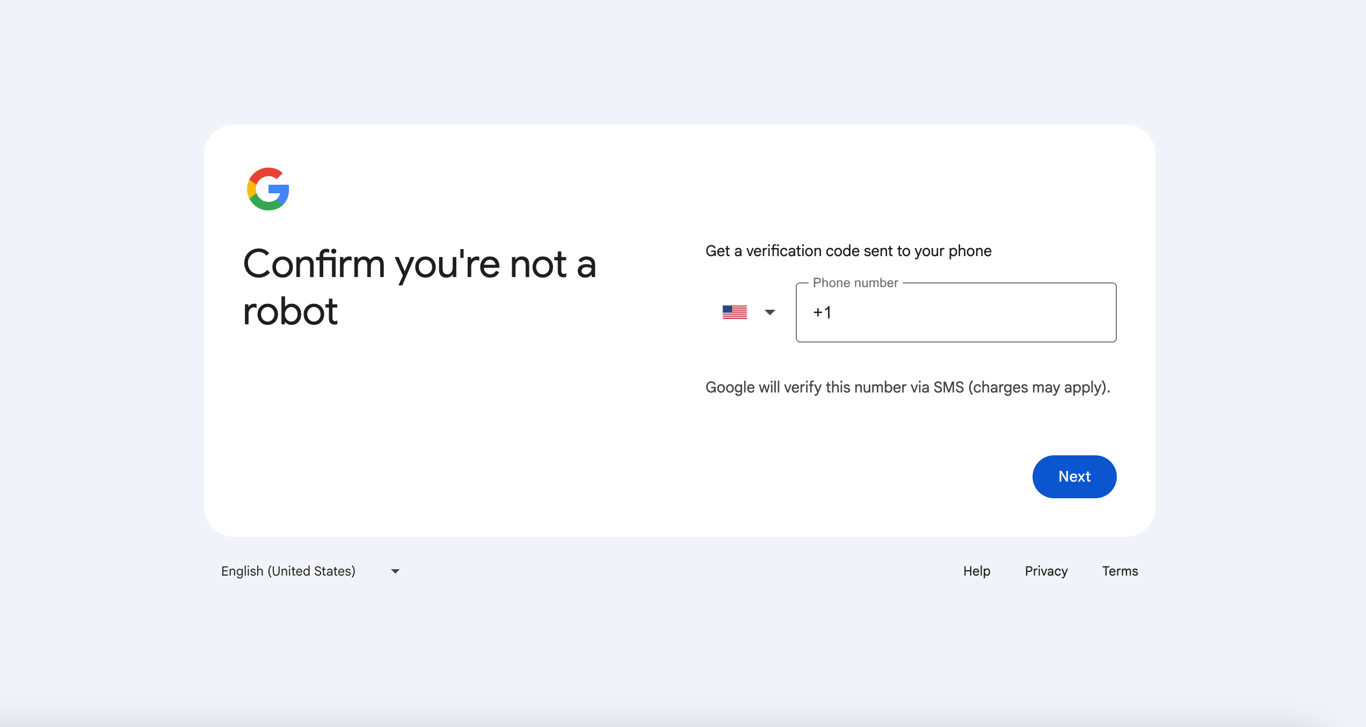 Account verification page on Gmail