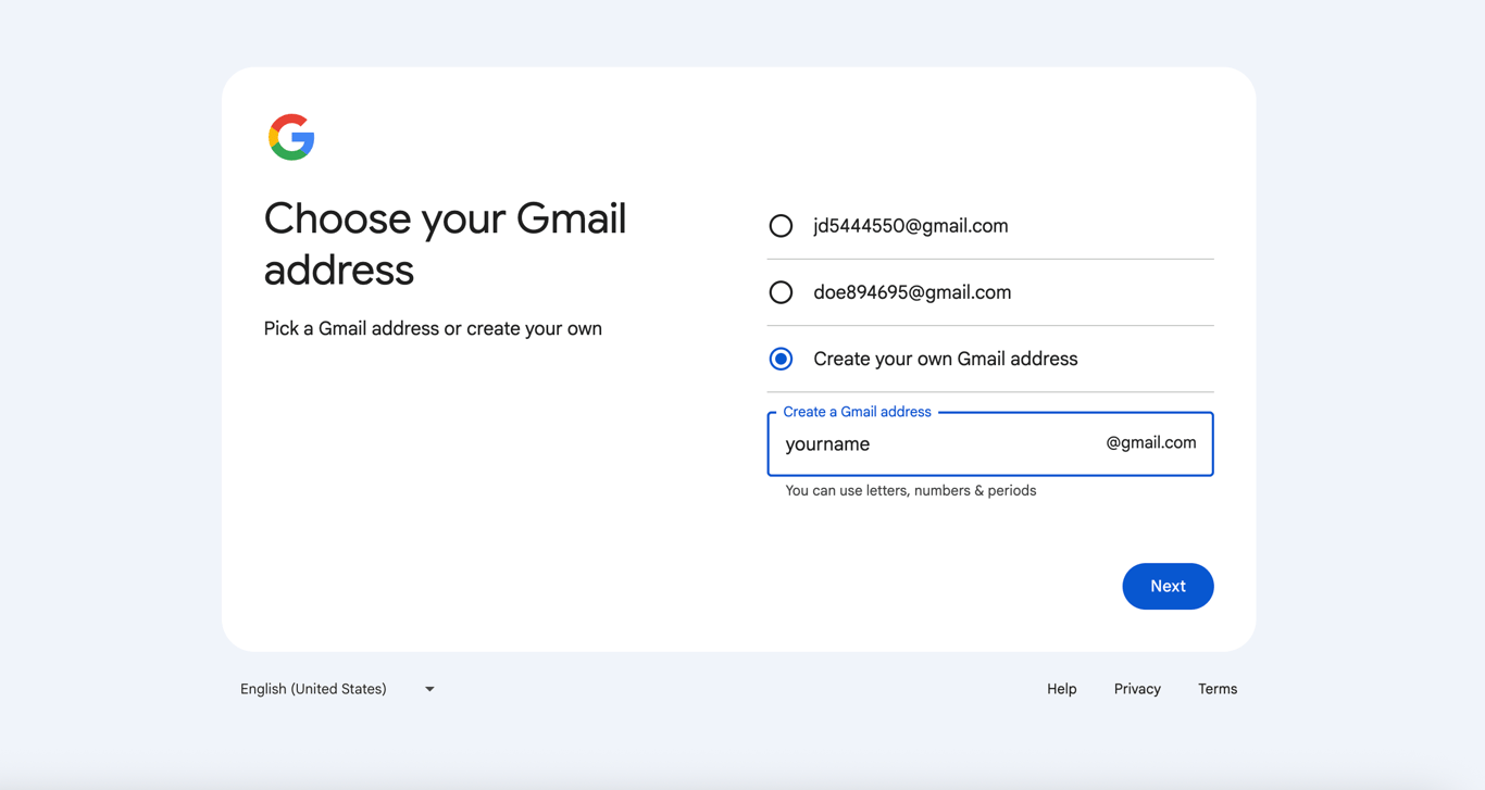 Email address creation page on Gmail