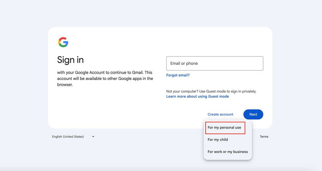 For my personal use option highlighted on Gmail's new account creation page