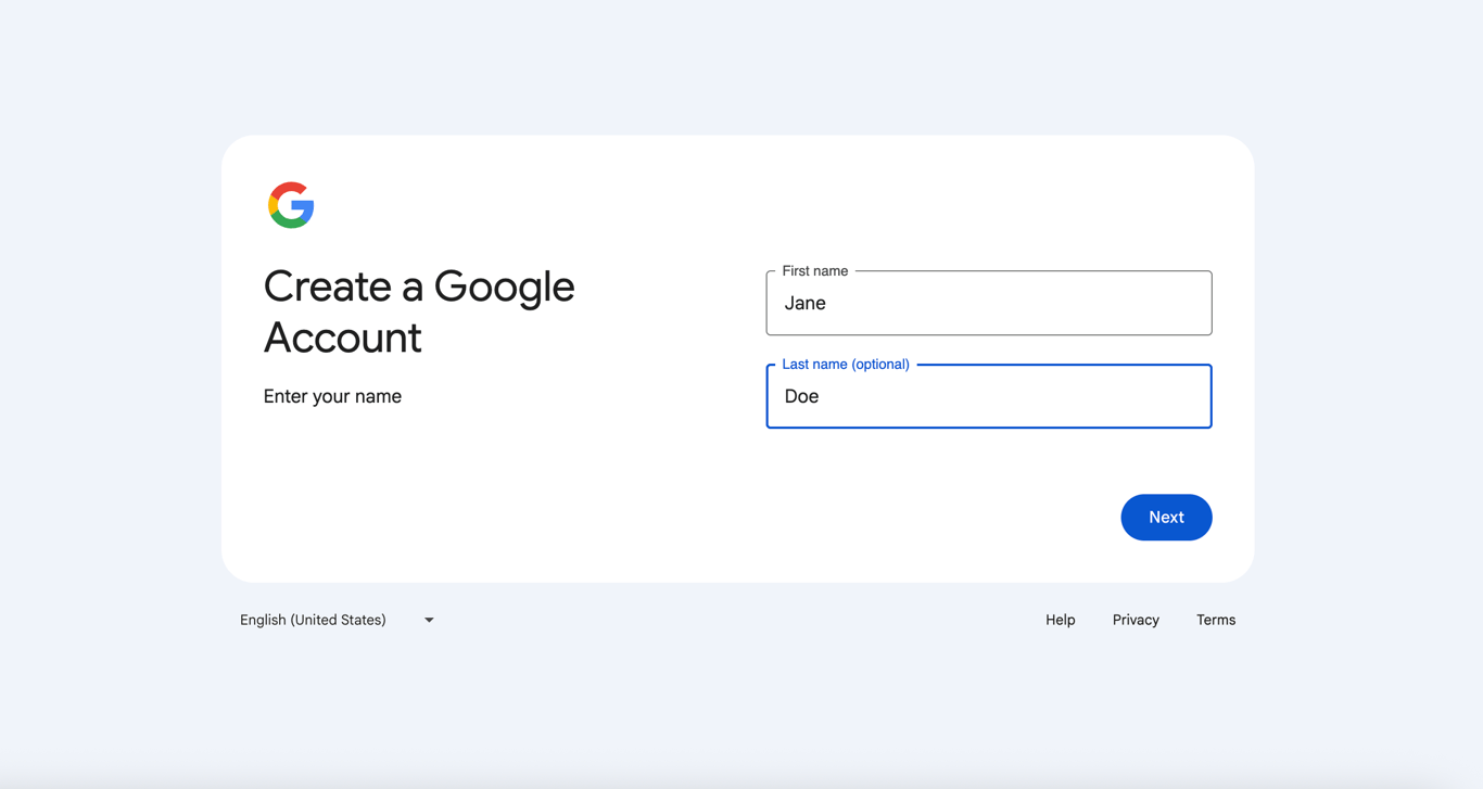 First name and last name field when creating a Gmail account