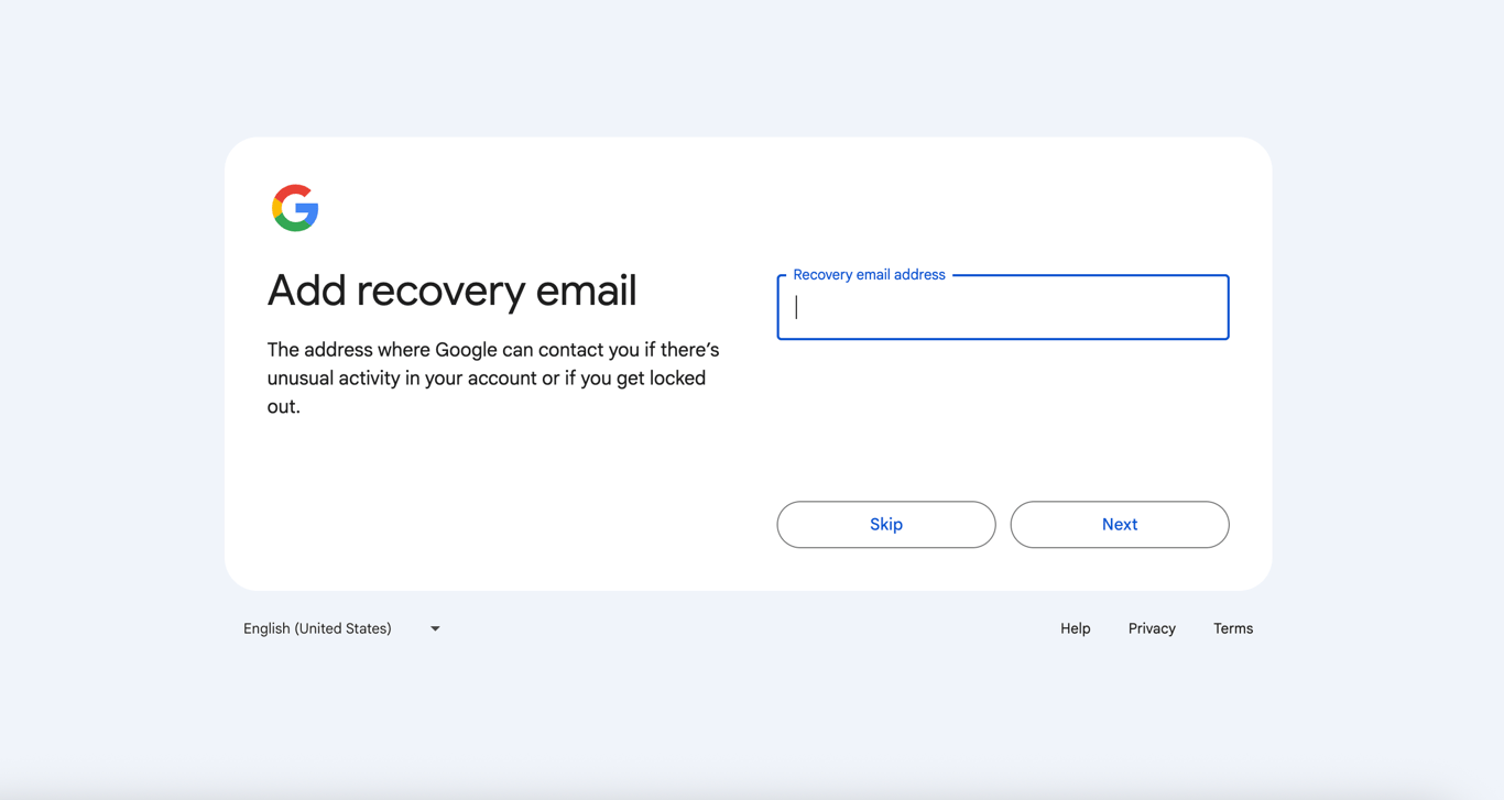Recovery email field on Gmail account creation step