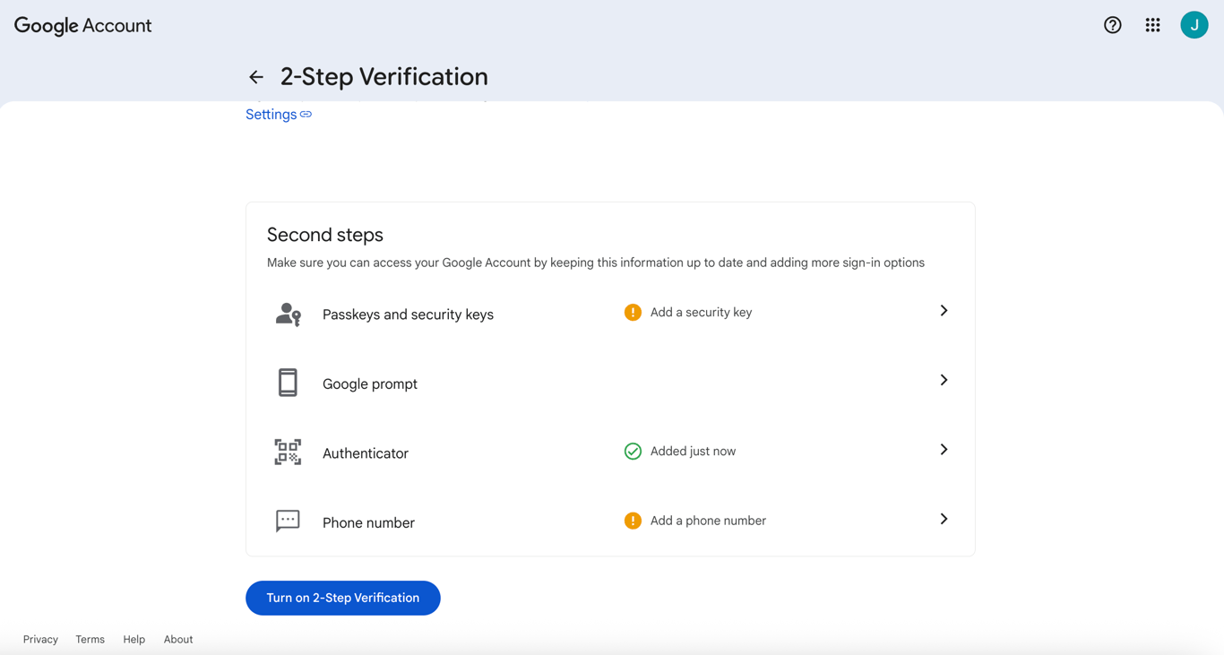 2-Step Verification settings on Google Account