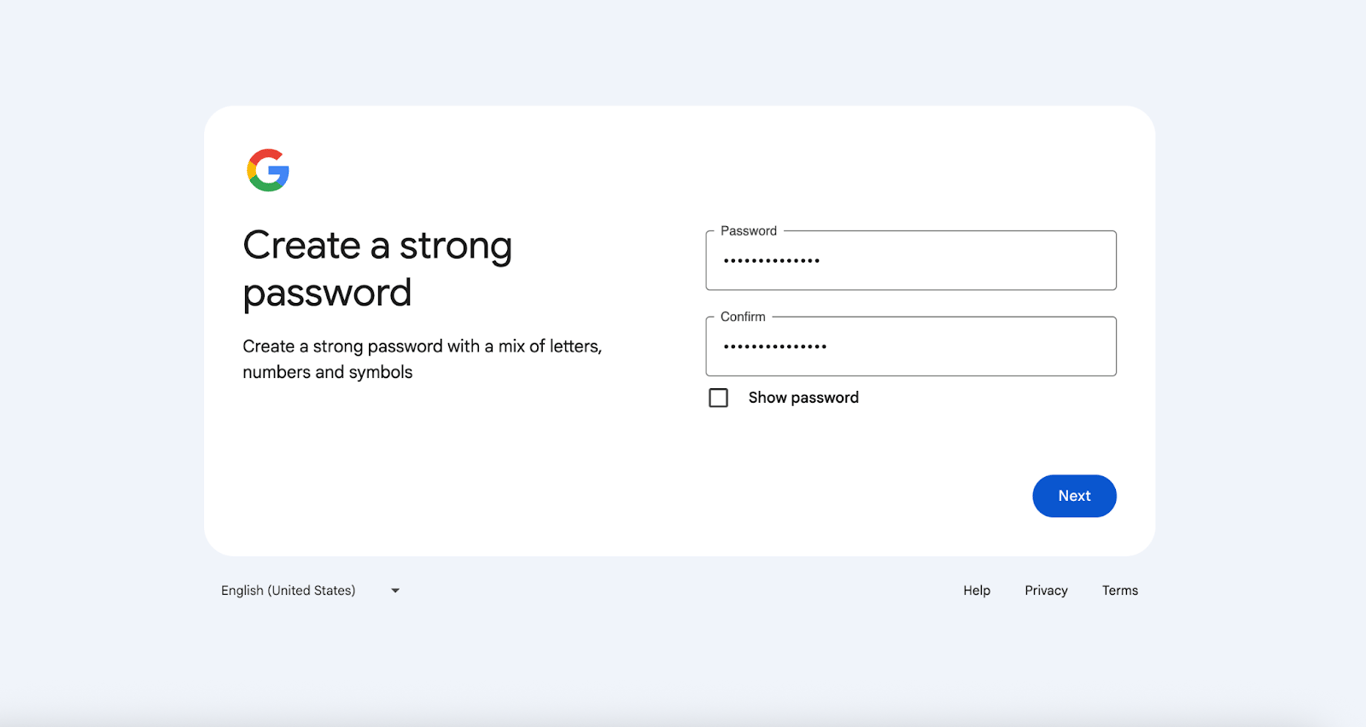 Password creation page on Gmail