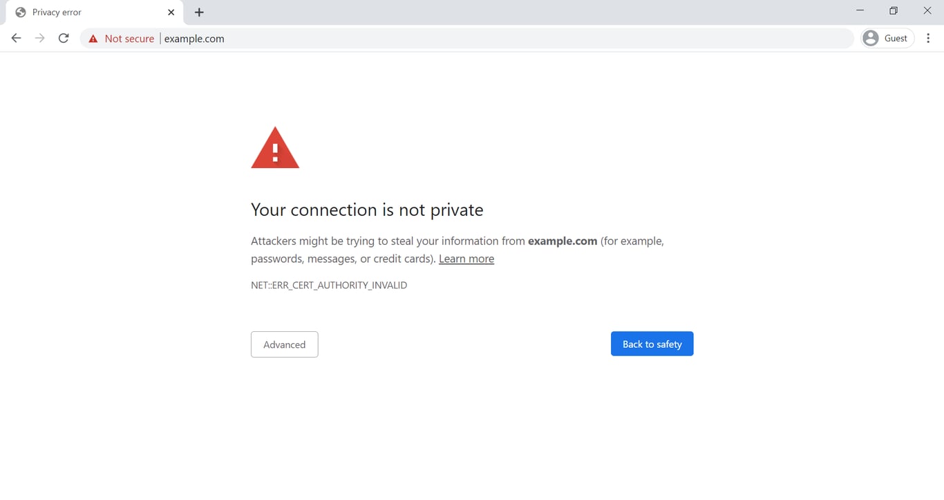 captura de tela mostrando sua conex&atilde;o n&atilde;o &eacute; privada no Google Chrome