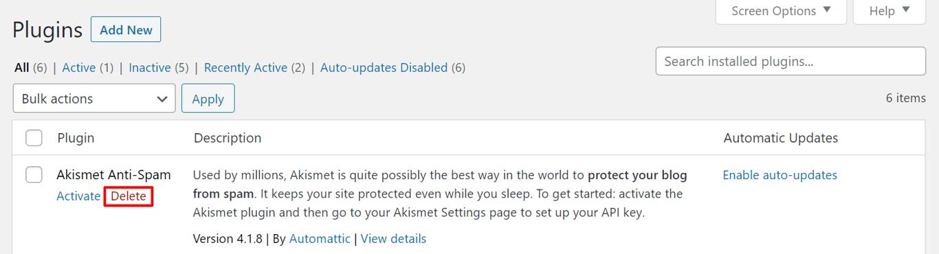 A screenshot showing how to delete wordpress plugins