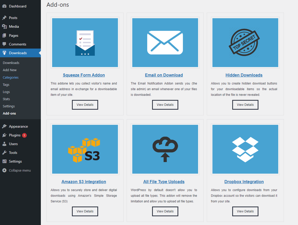 Add-ons options for Simple Download Monitor on the dashboard