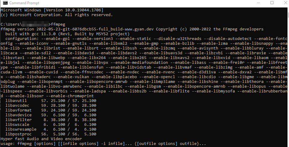 The ffmpeg command's output in Windows' Command Prompt