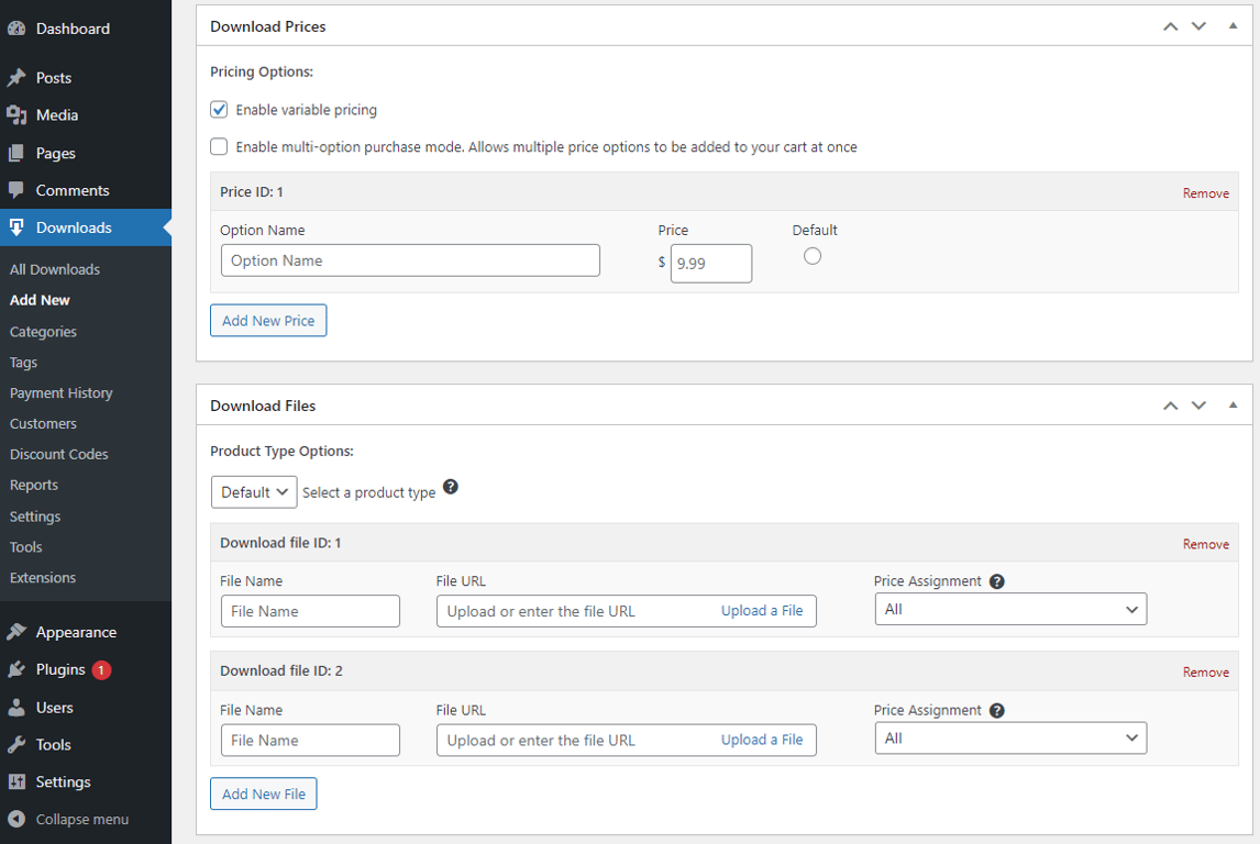 Configuring download prices and download files using the Easy Digital Downloads plugin