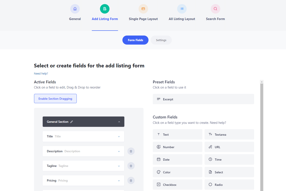 Directorist drag-and-drop form builder.
