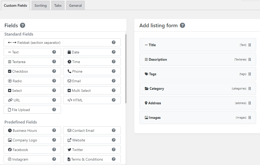 GeoDirectory's admin page, showing the Custom Fields panel.
