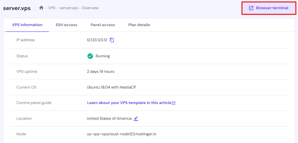 The Browser Terminal location in hPanel's VPS management menu