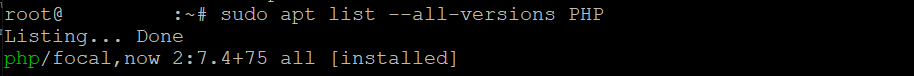 The apt command lists all installed PHP package version