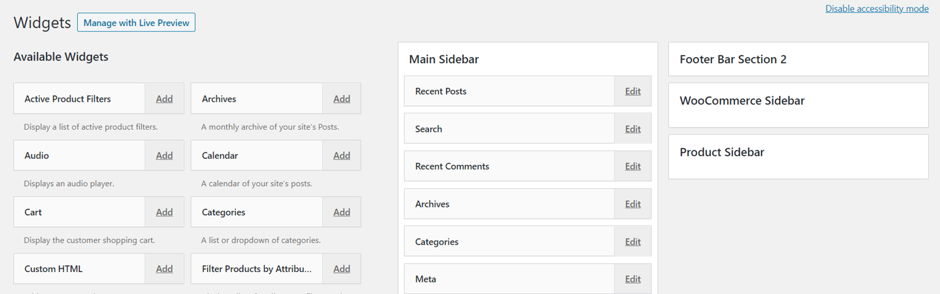 Accessibility mode widgets settings on WordPress