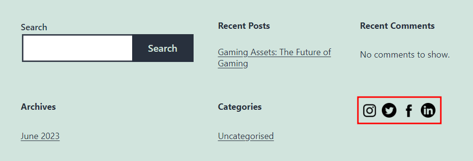 The end result for adding a custom social icons through WordPress' Widgets area