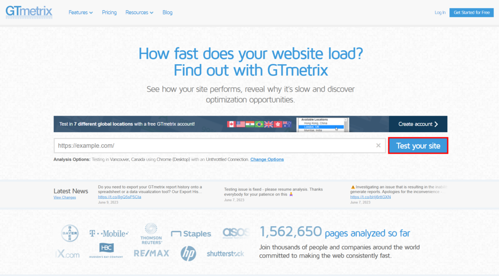 The GTmetrix homepage with the Test your site button highlighted