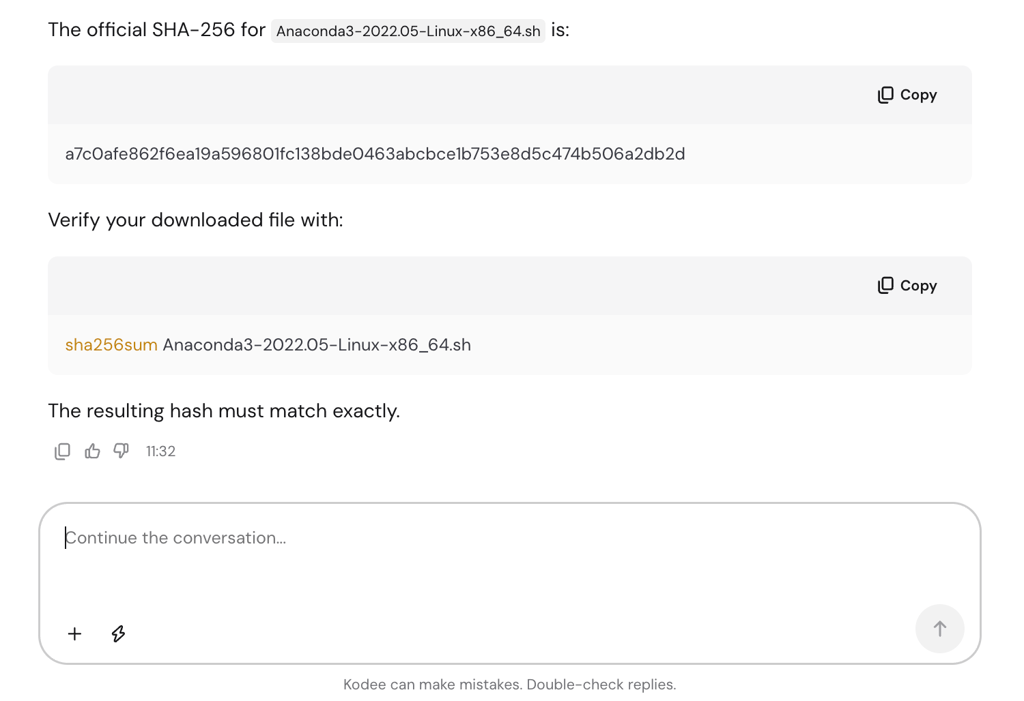Hostinger Agent checking the Anaconda installer's SHA-256 checksum