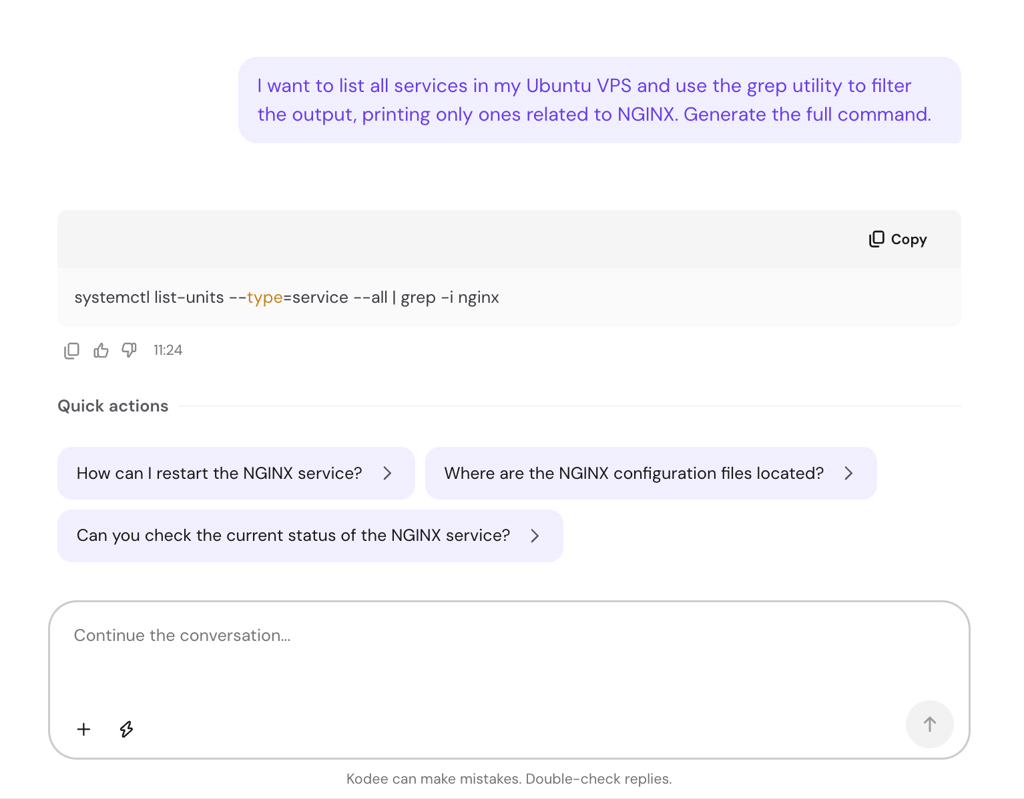 Hostinger Agent generating a grep command to list all services in Ubuntu