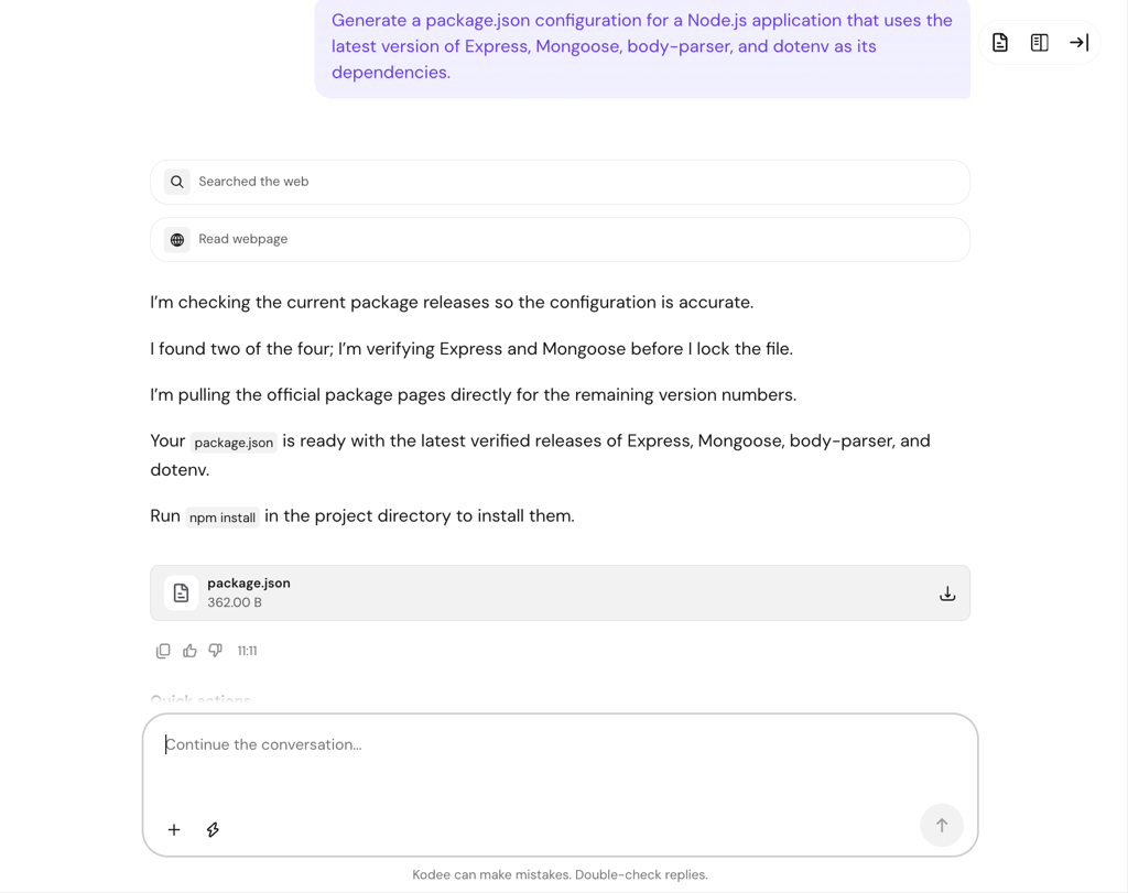 Hostinger Agent generating a package.json configuration for a Node.js application