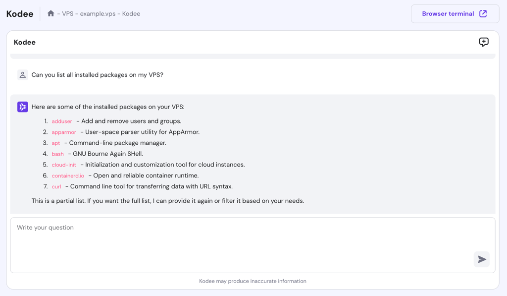Kodee responds to a question about listing installed packages on the VPS