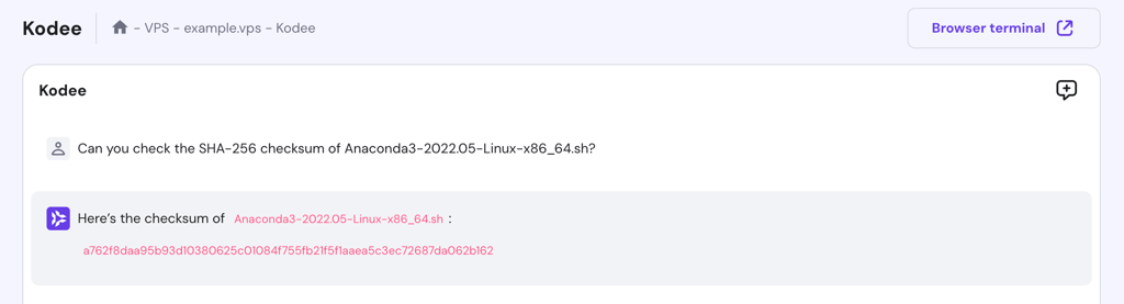 Kodee responds to a question about the SHA-256 checksum of the Anaconda package