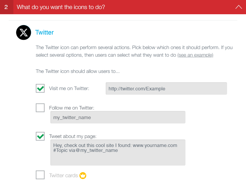 The Twitter's section under What do you want the icons to do? in Social Media Share Buttons & Social Sharing Icons
